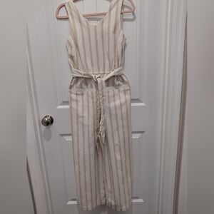 Copper Key Cream and Tan Striped Sleeveless Jumpsuit with Tie Waist